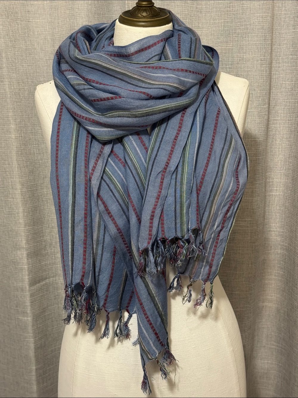 Cotton blend Scarf-Striped-Multi color Blue/Red-Fringe-EUC